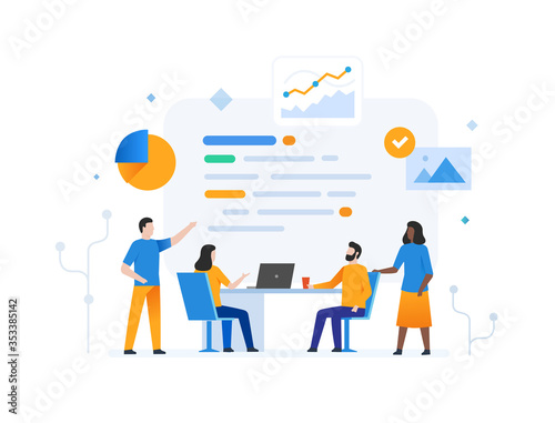 Group of people develop business. Workflow, growth, promotion marketing. Business development, milestones. lillustration infographics. Landing page site print poster