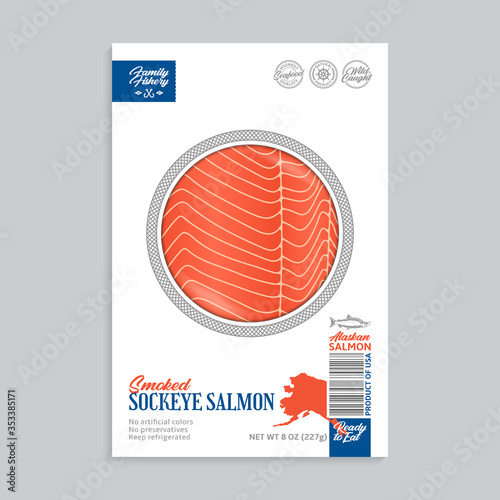 Vector smoked sockeye salmon packaging design concept. Modern style seafood package illustration. Smoked salmon slices in a package isolated on a grey background