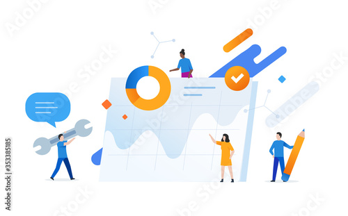People fill the calendar while working in the office. Workflow, growth, graphics. Business development, milestones. lillustration infographics. Landing page site print poster