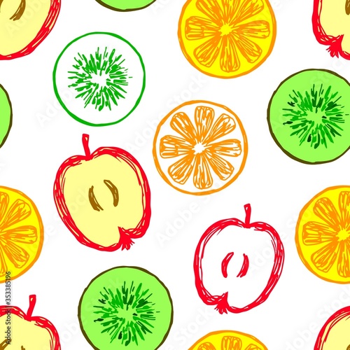 Hand-drawn summer bright vector seamless pattern. Yellow, green kiwi, apple, orange, fruits on a white background. For prints of packaging, fabric, beachwear.