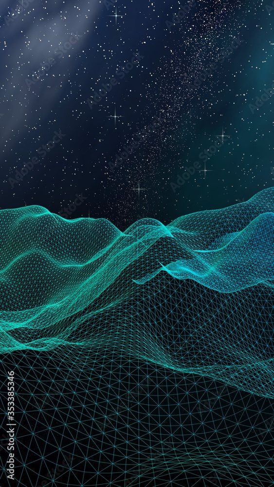 Abstract landscape on a dark background. Cyberspace grid. hi tech network. Outer space. Vertical orientation. Starry outer space texture. 3D illustration