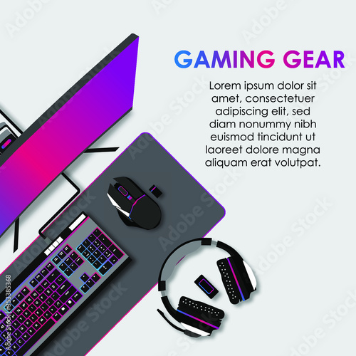 gamer workspace concept, top view a gaming gear, mouse, keyboard, joystick, headset, mobile joystick, in ear headphone and mouse pad on black table background.
