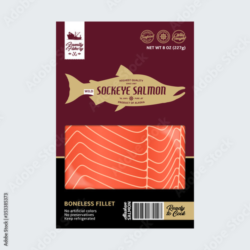 Vector wild Alaskan sockeye salmon packaging design. Modern style seafood illustration. Raw salmon fillet in a package on a grey background