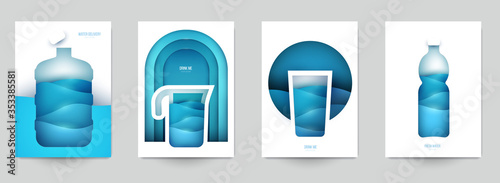 Collection templats cover for water. Abstract art composition in modern geometric papercut style. Minialistic concept design for branding banner, flyer, book, menu, card. Vector illustration.