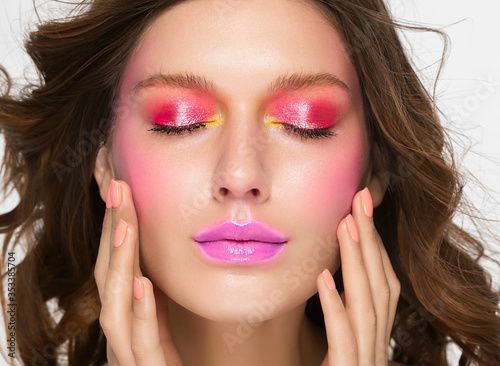 Closed eyes woman fashion make up color summer style