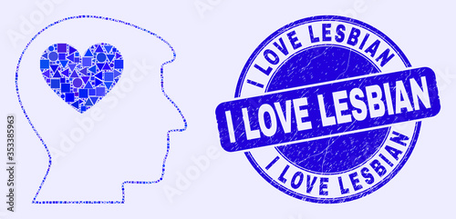 Geometric lovely heart man head mosaic pictogram and I Love Lesbian seal stamp. Blue vector rounded textured seal stamp with I Love Lesbian message.