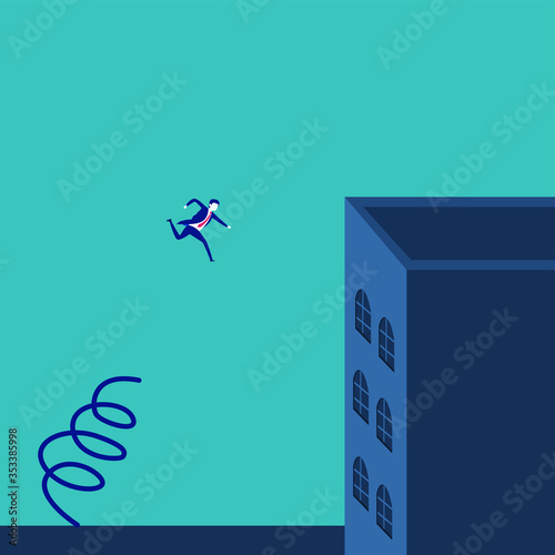 Business acceleration vector concept: Businessman trying to jump higher using a springboard