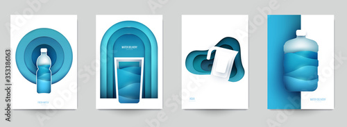Collection templats cover for water. Abstract art composition in modern geometric papercut style. Minialistic concept design for branding banner, flyer, book, menu, card. Vector illustration.