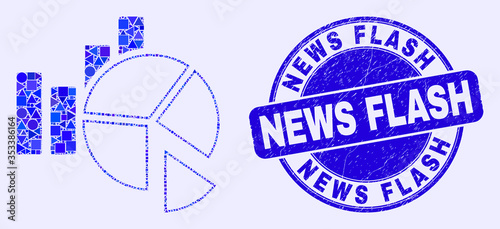 Geometric statistics charts mosaic icon and News Flash watermark. Blue vector round textured watermark with News Flash message. Abstract mosaic of statistics charts combined of circle, tringle,