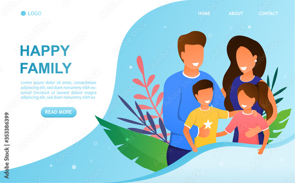 Young Attractive Couple with children concept. Parents hug children. Beautiful family. Happy childhood and parenthood. Joyful little Kids. Suitable for landing and web design. Flat Vector Illustration