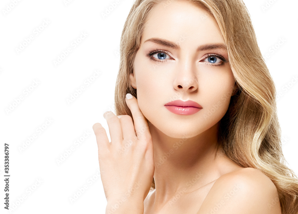 Happy woman face Blonde hair beauty female natural make up Happy woman face Blonde hair beauty female natural make up