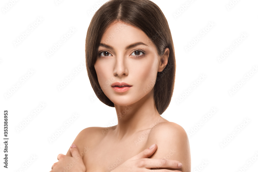 Beautiful woman happy portrait with long hair close up studio on white Beautiful woman happy portrait with long hair close up studio on white