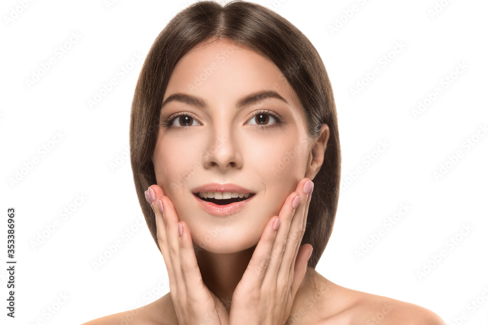 Beautiful woman happy portrait with long hair close up studio on white Beautiful woman happy portrait with long hair close up studio on white