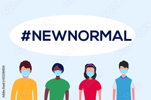 Coronavirus pandemic vector concept: People wearing face mask which is our new normal