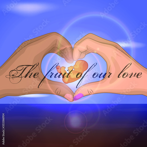 An embryo surrounded by a heart. Postcard for congratulations on a newborn, a gift to a pregnant woman.