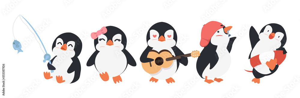 Fototapeta premium Cute Cartoon penguin different poses set
