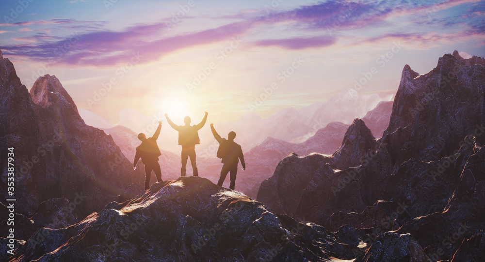A team of three celebrates a luncheon on top of a mountain against a sunset. 3d rendering