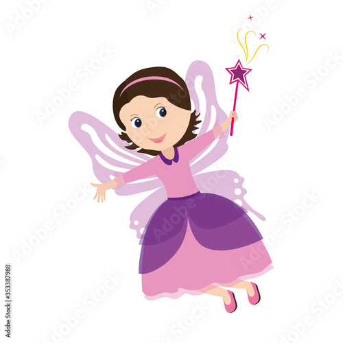 Cute little fairy. Girl in a fairy costume with a magic wand. Isolated character on  white background. Vector illustration.