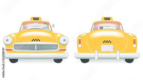 Vintage yellow taxi car. Front and rear view.