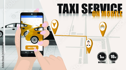 Online taxi service concept. A man orders a taxi from his mobile phone.