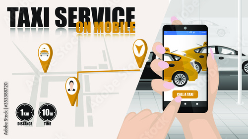 Online taxi service concept. A man orders a taxi from his mobile phone.