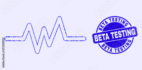 Geometric pulse signal mosaic icon and Beta Testing seal stamp. Blue vector rounded distress seal stamp with Beta Testing title. Abstract mosaic of pulse signal created of spheric, triangles,