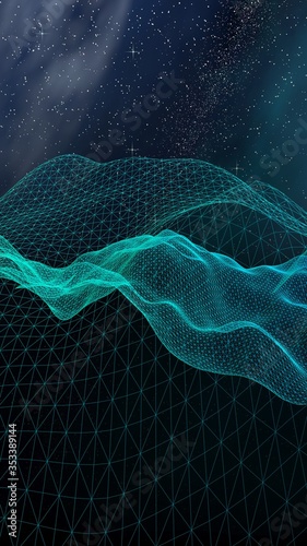 Abstract landscape on a dark background. Cyberspace grid. hi tech network. Outer space. Vertical orientation. Starry outer space texture. 3D illustration