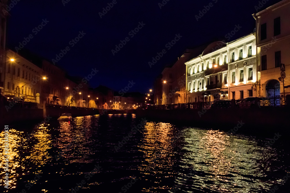 Night view of the Moyka river in St. Petersburg, Russia