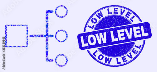 Geometric hierarchy mosaic pictogram and Low Level watermark. Blue vector round distress stamp with Low Level text. Abstract mosaic of hierarchy composed of circle, triangles, square geometric spots.