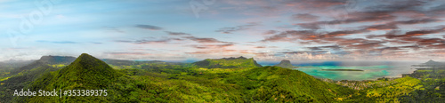 Panoramic aerial view of Mauritius coastline, Africa. Sunny day with ocean and vegetation © jovannig