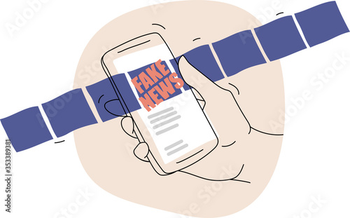 Illustration of a hand using a phone or a smartphone with the news feed open on the screen, there is a big red fake news flagging the misinformation. Flat cartoon style simple vector image