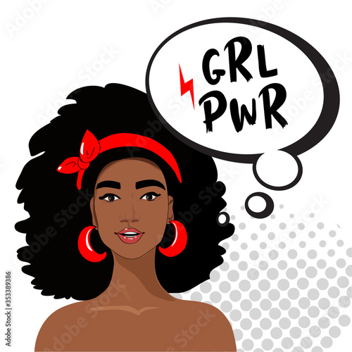 Beautiful african american girl and dialog cloud with the inscription Grl Pwr on a white background. Illustration isolated
