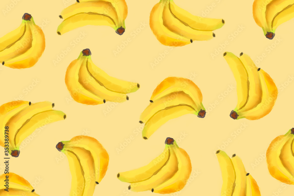 Watercolor banana pattern isolated on yellow background. Fresh fruit.