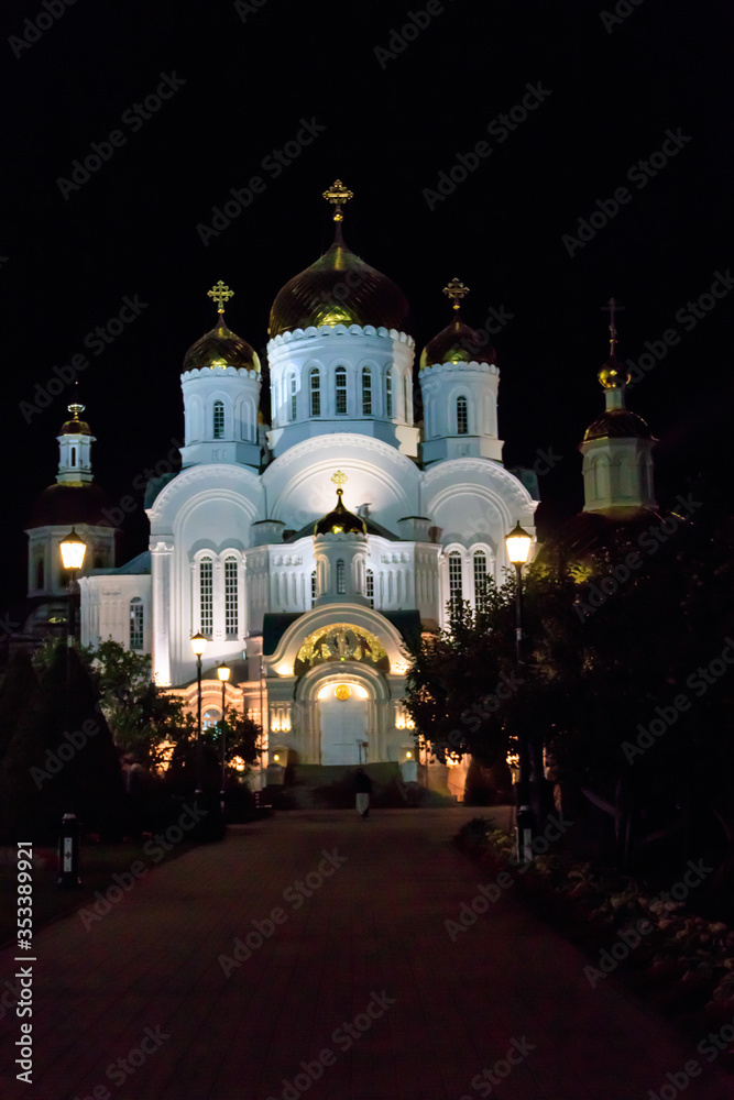 Transfiguration cathedral of Holy Trinity-Saint Seraphim-Diveyevo Monastery at night in Diveyevo, Russia