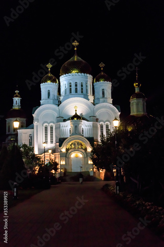 Transfiguration cathedral of Holy Trinity-Saint Seraphim-Diveyevo Monastery at night in Diveyevo, Russia