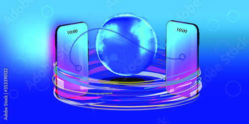 Communication anywhere in the world.  Two realistic smartphones and a planet between them.  Digital communication.  Mobile Internet.  stock vector illustration