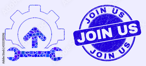 Geometric gear integration arrow mosaic icon and Join Us seal stamp. Blue vector rounded grunge seal with Join Us caption. Abstract mosaic of gear integration arrow organized of circle, triangles,