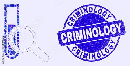 Geometric explore test-tube mosaic pictogram and Criminology seal stamp. Blue vector rounded textured watermark with Criminology caption. Abstract mosaic of explore test-tube constructed of spheric,