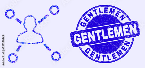 Geometric user links mosaic icon and Gentlemen seal stamp. Blue vector round textured seal with Gentlemen message. Abstract mosaic of user links designed of circle, tringle, square geometric elements.