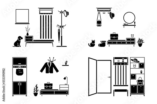 Apartment hallway design vector illustration icon set. Foyer entrance black and white cut out flat style silhouette pictogram on white