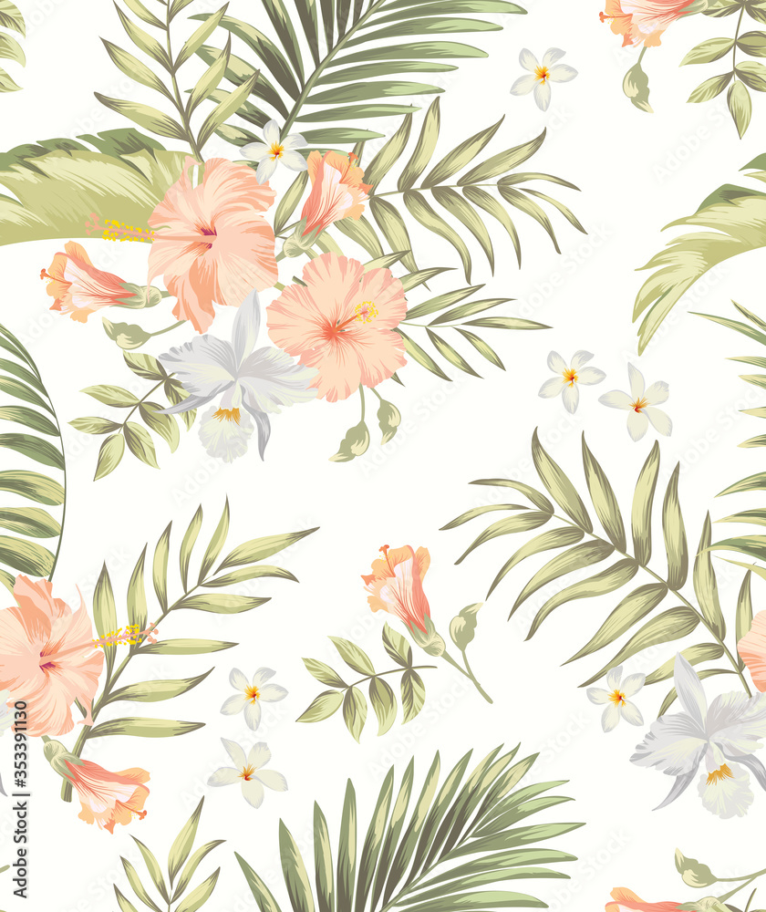 Seamless tropical pattern with hibiscus, orchid palm leaves. Botanical exotic vector illustration. Seamless tropical pattern with hibiscus, orchid palm leaves. Botanical exotic vector illustration.