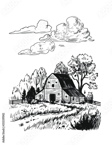 Rural landscape. Hand drawn illustration converted to vector
