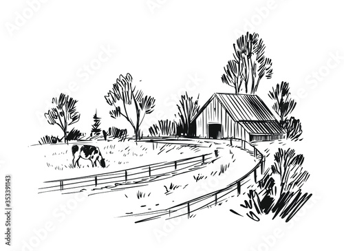 Rural landscape. Hand drawn illustration converted to vector