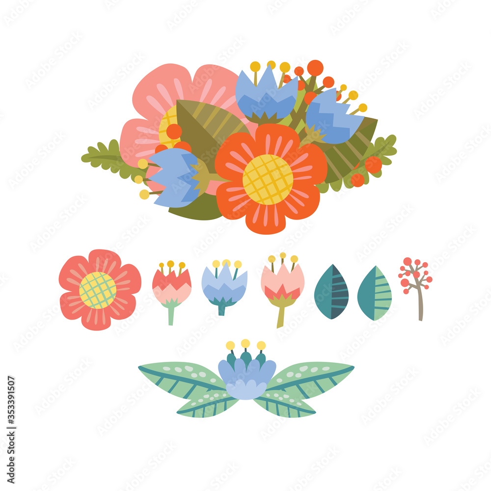 Vector set of flat flowers. Excellent for kids, design of postcards, posters, stickers and so on.