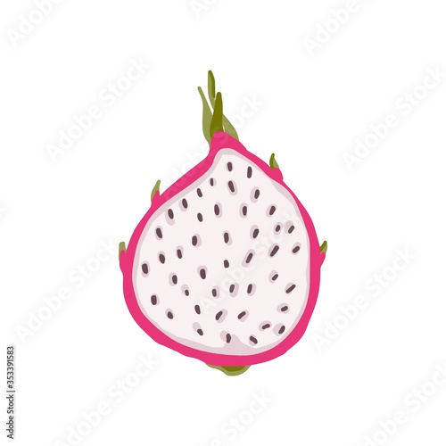 Cut in half dragon fruit isolated on the white background. Tropical white juicy dragon fruit with seeds. Summer fruits for healthy lifestyle.