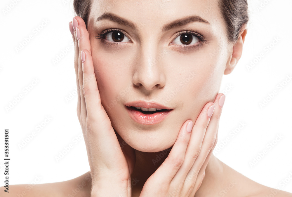 Young beautiful woman with hands portrait with healthy skin studio on white Young beautiful woman with hands portrait with healthy skin studio on white