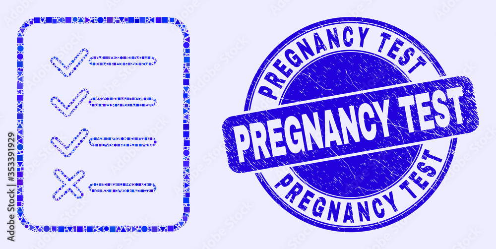 Obraz premium Geometric task list page mosaic pictogram and Pregnancy Test watermark. Blue vector round textured stamp with Pregnancy Test text. Abstract mosaic of task list page designed of round, tringle,