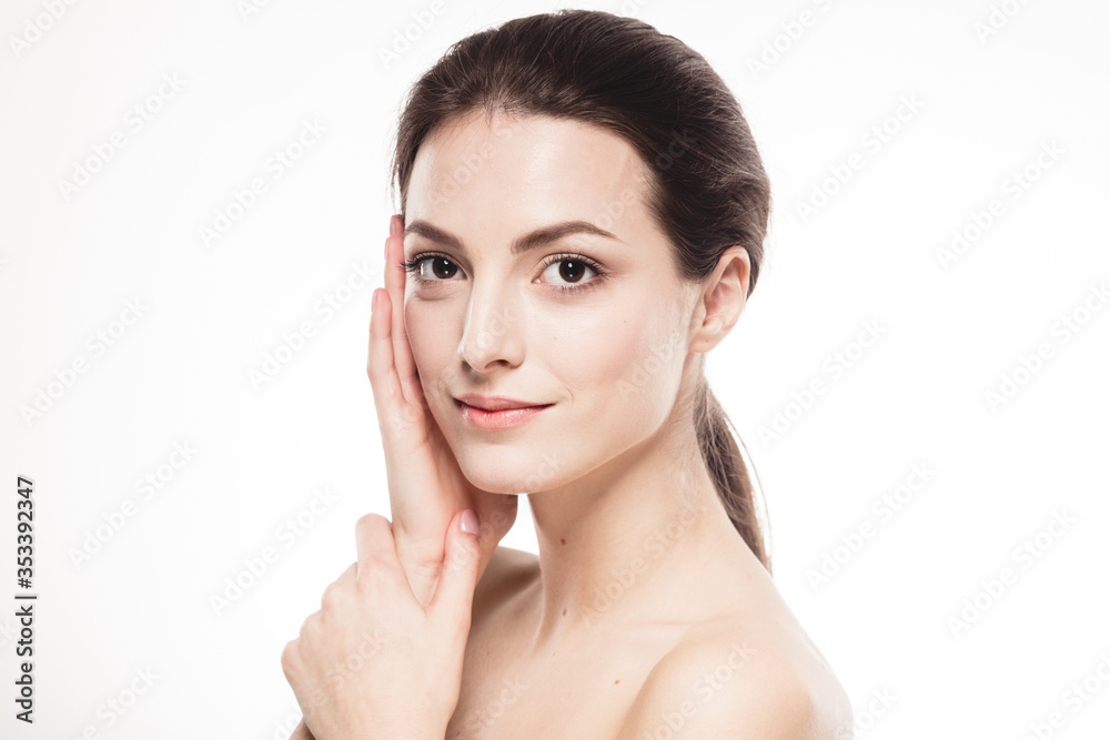 Young beautiful woman with hands portrait with healthy skin studio on white Young beautiful woman with hands portrait with healthy skin studio on white