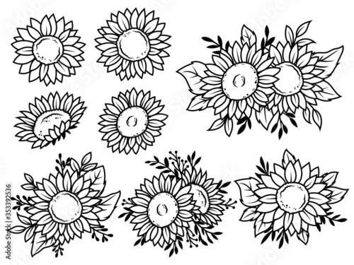 Set of sunflower flowers. Collection of stylized blooming flowers. Black and white illustration on white background. Floral logotype. Tattoo.