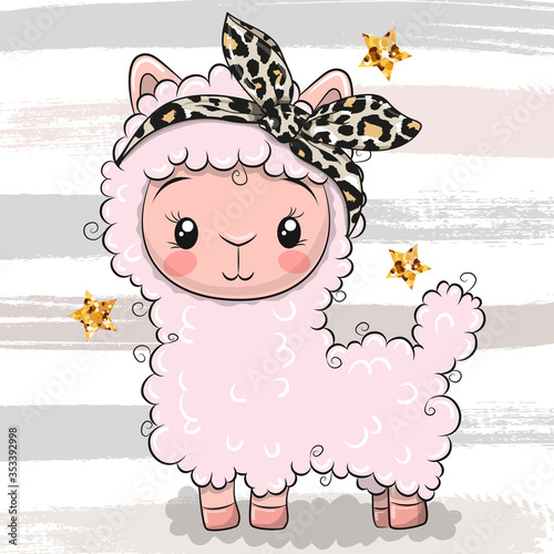 Cartoon Pink Alpaca with a bow isolated on a striped background